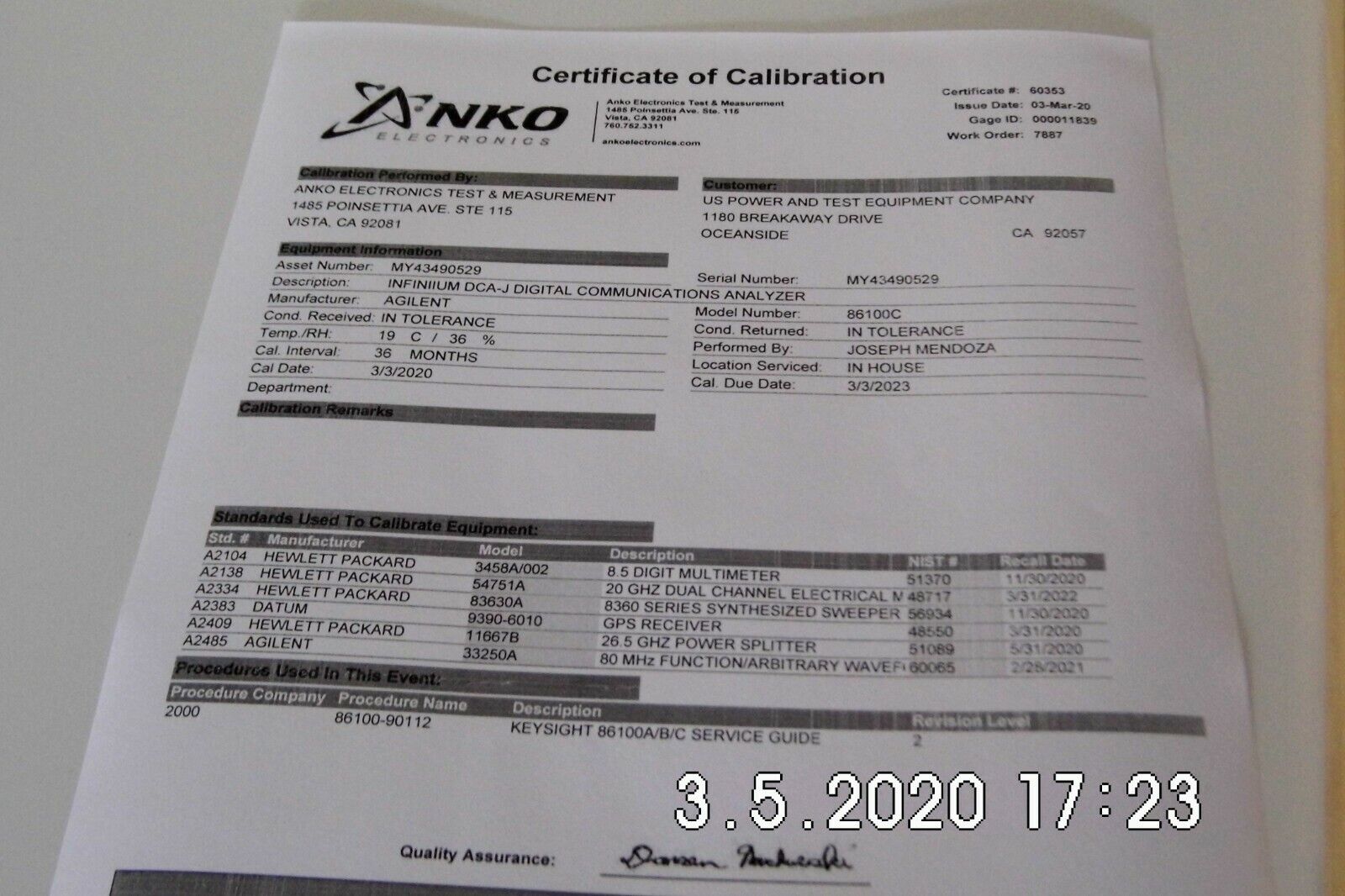 Agilent 86100C Infiniium DCA-J Oscilloscope Mainframe 001,100 NIST calibrated Agilent 86100C Infiniium DCA-J Oscilloscope Mainframe 001,100 NIST calibrated